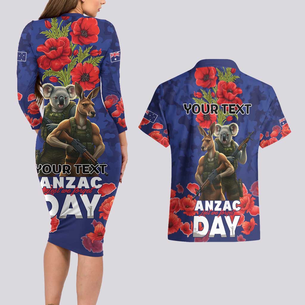 Kangaoo Koala Soldier ANZAC Personalised Couples Matching Long Sleeve Bodycon Dress and Hawaiian Shirt Aboriginal Dot Painting