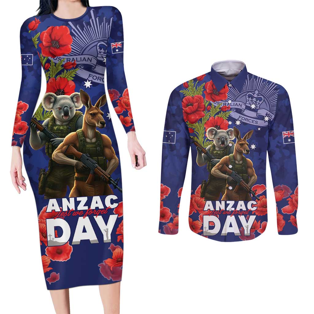 Kangaoo Koala Soldier ANZAC Personalised Couples Matching Long Sleeve Bodycon Dress and Long Sleeve Button Shirt Aboriginal Dot Painting