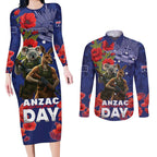 Kangaoo Koala Soldier ANZAC Personalised Couples Matching Long Sleeve Bodycon Dress and Long Sleeve Button Shirt Aboriginal Dot Painting