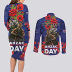 Kangaoo Koala Soldier ANZAC Personalised Couples Matching Long Sleeve Bodycon Dress and Long Sleeve Button Shirt Aboriginal Dot Painting
