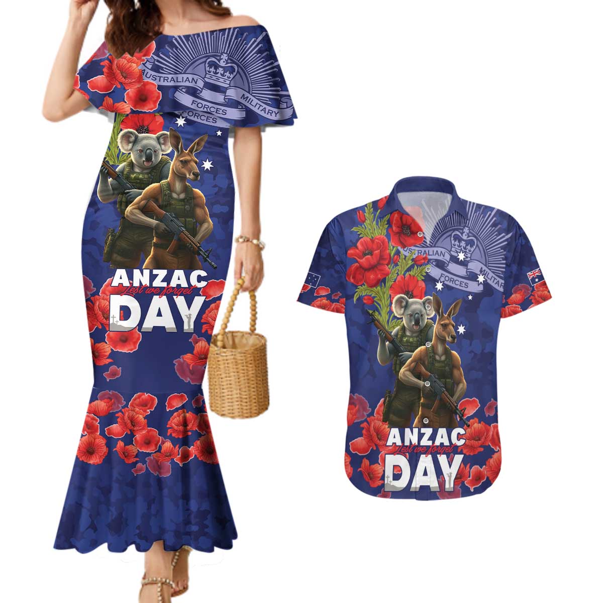 Kangaoo Koala Soldier ANZAC Personalised Couples Matching Mermaid Dress and Hawaiian Shirt Aboriginal Dot Painting