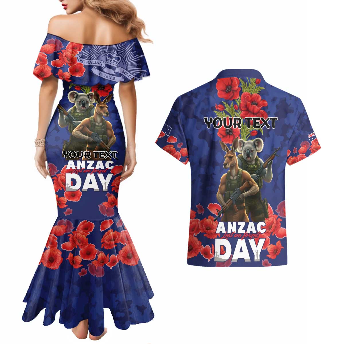 Kangaoo Koala Soldier ANZAC Personalised Couples Matching Mermaid Dress and Hawaiian Shirt Aboriginal Dot Painting