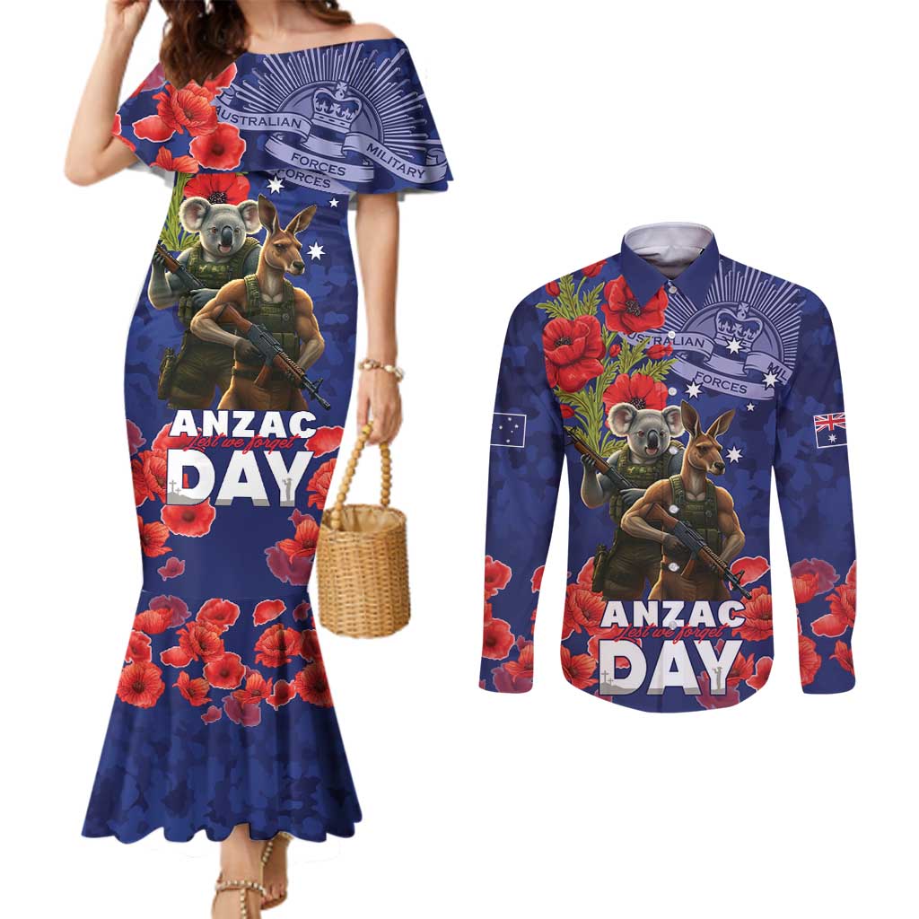Kangaoo Koala Soldier ANZAC Personalised Couples Matching Mermaid Dress and Long Sleeve Button Shirt Aboriginal Dot Painting