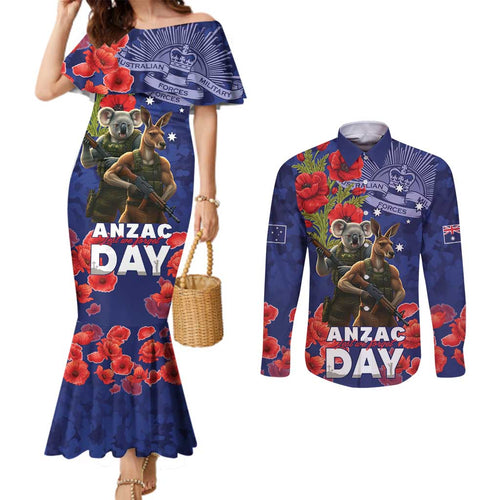 Kangaoo Koala Soldier ANZAC Personalised Couples Matching Mermaid Dress and Long Sleeve Button Shirt Aboriginal Dot Painting