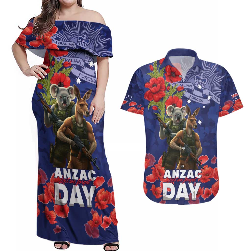 Kangaoo Koala Soldier ANZAC Personalised Couples Matching Off Shoulder Maxi Dress and Hawaiian Shirt Aboriginal Dot Painting