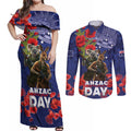 Kangaoo Koala Soldier ANZAC Personalised Couples Matching Off Shoulder Maxi Dress and Long Sleeve Button Shirt Aboriginal Dot Painting
