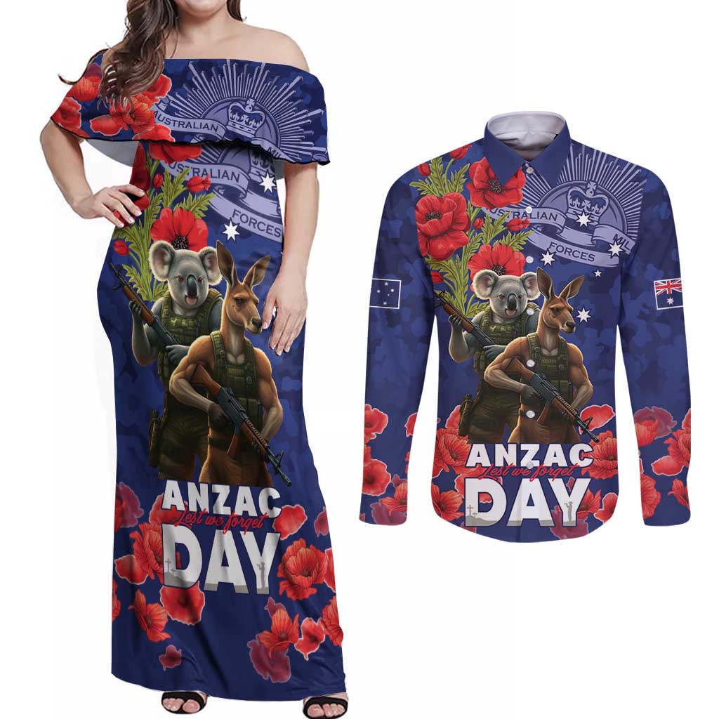 Kangaoo Koala Soldier ANZAC Personalised Couples Matching Off Shoulder Maxi Dress and Long Sleeve Button Shirt Aboriginal Dot Painting