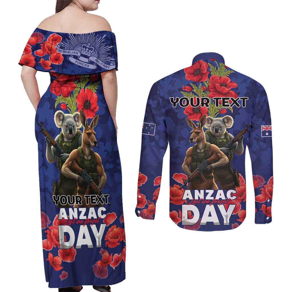 Kangaoo Koala Soldier ANZAC Personalised Couples Matching Off Shoulder Maxi Dress and Long Sleeve Button Shirt Aboriginal Dot Painting