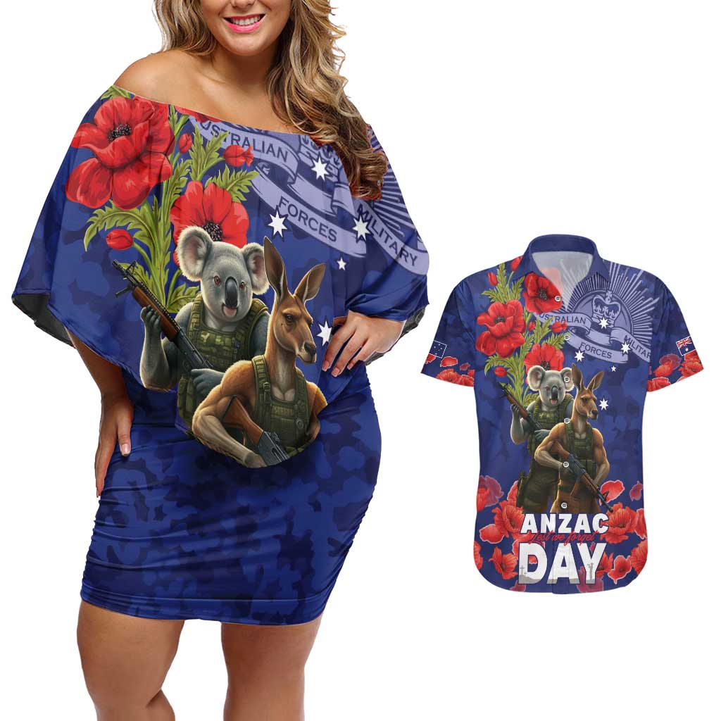 Kangaoo Koala Soldier ANZAC Personalised Couples Matching Off Shoulder Short Dress and Hawaiian Shirt Aboriginal Dot Painting
