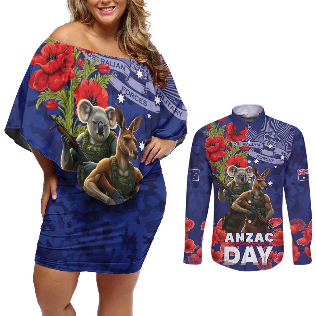 Kangaoo Koala Soldier ANZAC Personalised Couples Matching Off Shoulder Short Dress and Long Sleeve Button Shirt Aboriginal Dot Painting