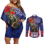 Kangaoo Koala Soldier ANZAC Personalised Couples Matching Off Shoulder Short Dress and Long Sleeve Button Shirt Aboriginal Dot Painting