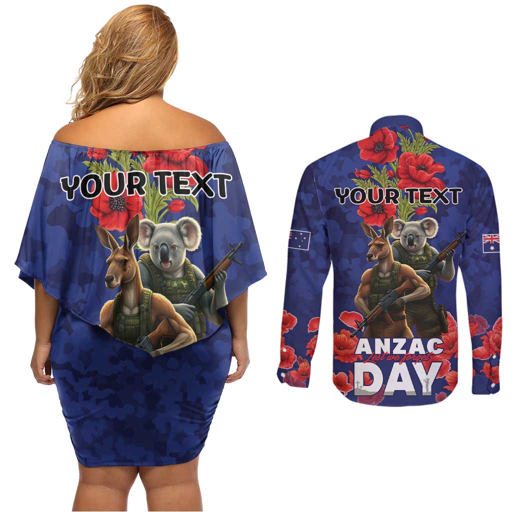 Kangaoo Koala Soldier ANZAC Personalised Couples Matching Off Shoulder Short Dress and Long Sleeve Button Shirt Aboriginal Dot Painting