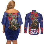 Kangaoo Koala Soldier ANZAC Personalised Couples Matching Off Shoulder Short Dress and Long Sleeve Button Shirt Aboriginal Dot Painting