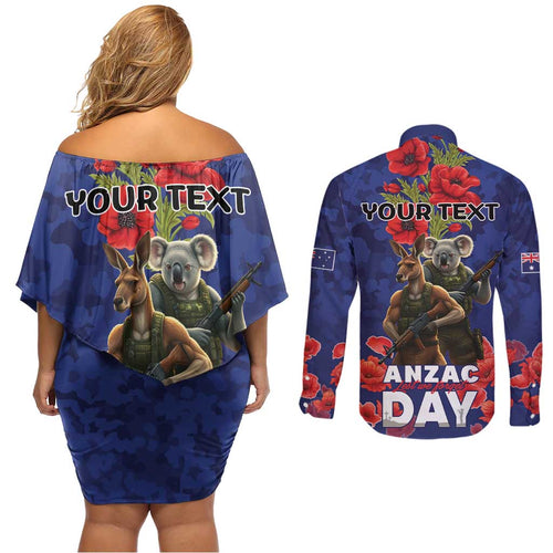 Kangaoo Koala Soldier ANZAC Personalised Couples Matching Off Shoulder Short Dress and Long Sleeve Button Shirt Aboriginal Dot Painting