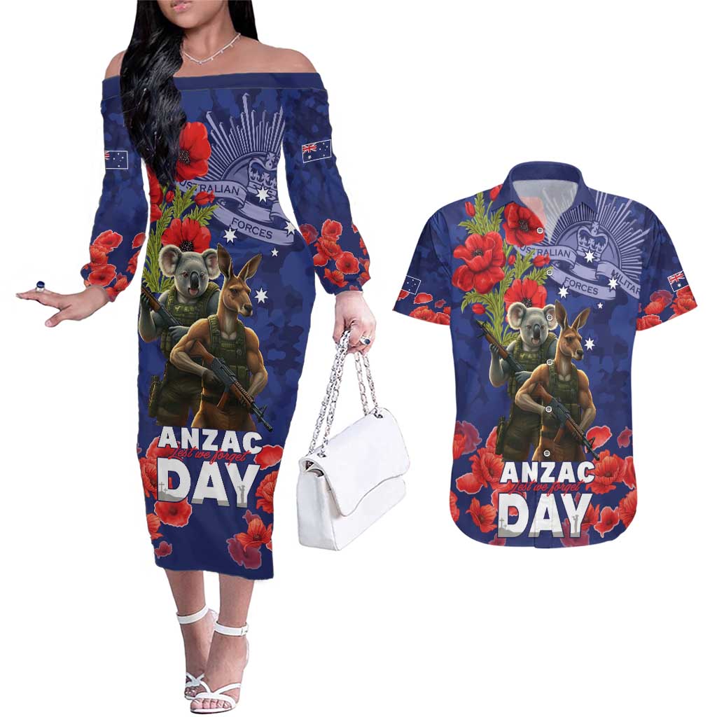 Kangaoo Koala Soldier ANZAC Personalised Couples Matching Off The Shoulder Long Sleeve Dress and Hawaiian Shirt Aboriginal Dot Painting