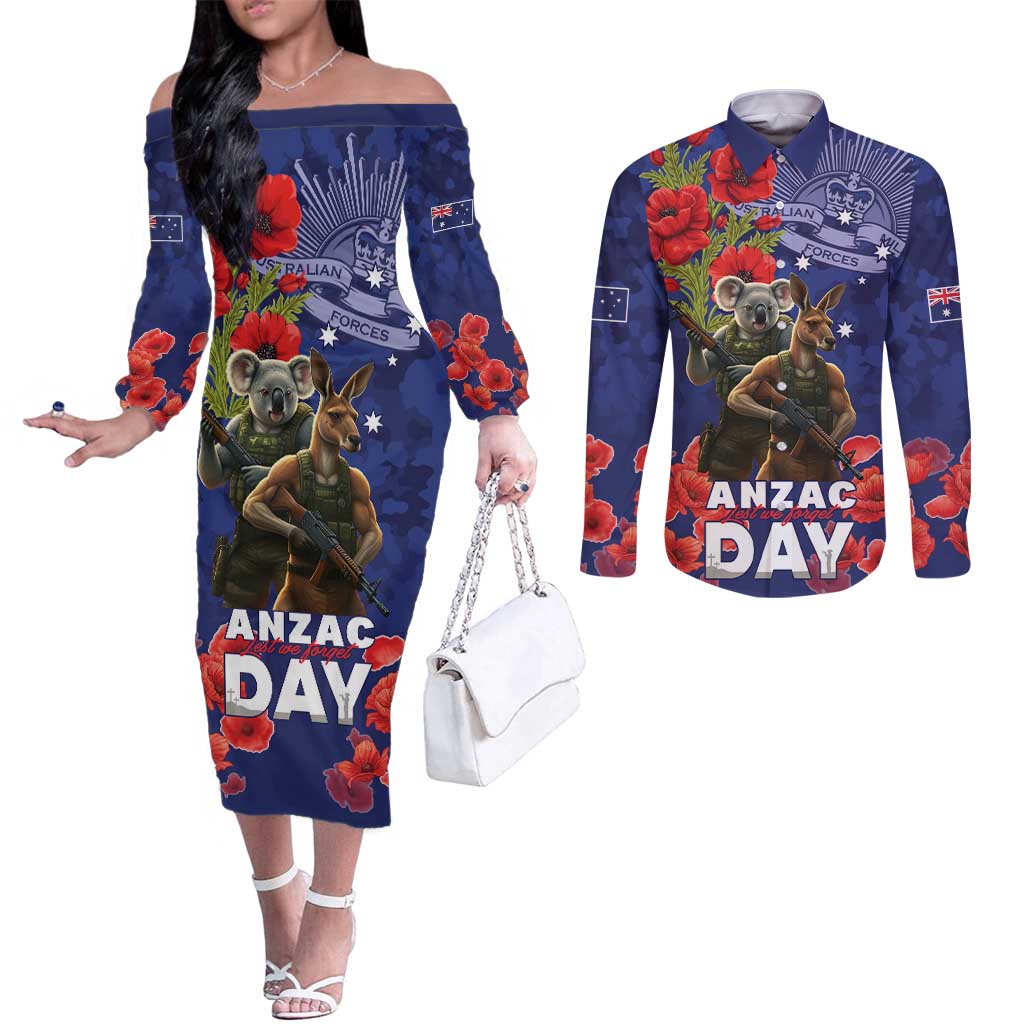 Kangaoo Koala Soldier ANZAC Personalised Couples Matching Off The Shoulder Long Sleeve Dress and Long Sleeve Button Shirt Aboriginal Dot Painting