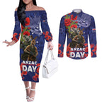 Kangaoo Koala Soldier ANZAC Personalised Couples Matching Off The Shoulder Long Sleeve Dress and Long Sleeve Button Shirt Aboriginal Dot Painting