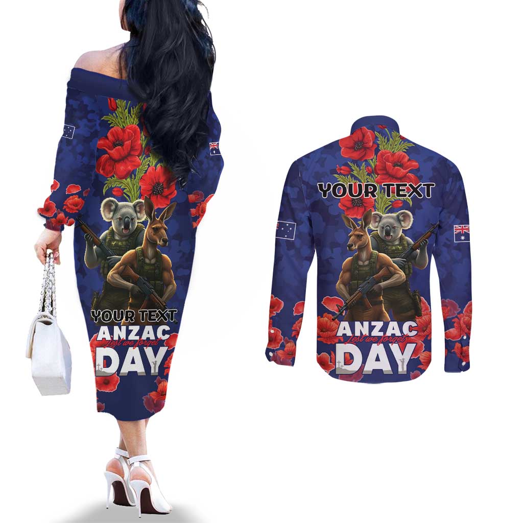 Kangaoo Koala Soldier ANZAC Personalised Couples Matching Off The Shoulder Long Sleeve Dress and Long Sleeve Button Shirt Aboriginal Dot Painting