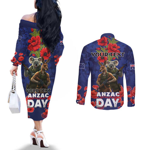 Kangaoo Koala Soldier ANZAC Personalised Couples Matching Off The Shoulder Long Sleeve Dress and Long Sleeve Button Shirt Aboriginal Dot Painting