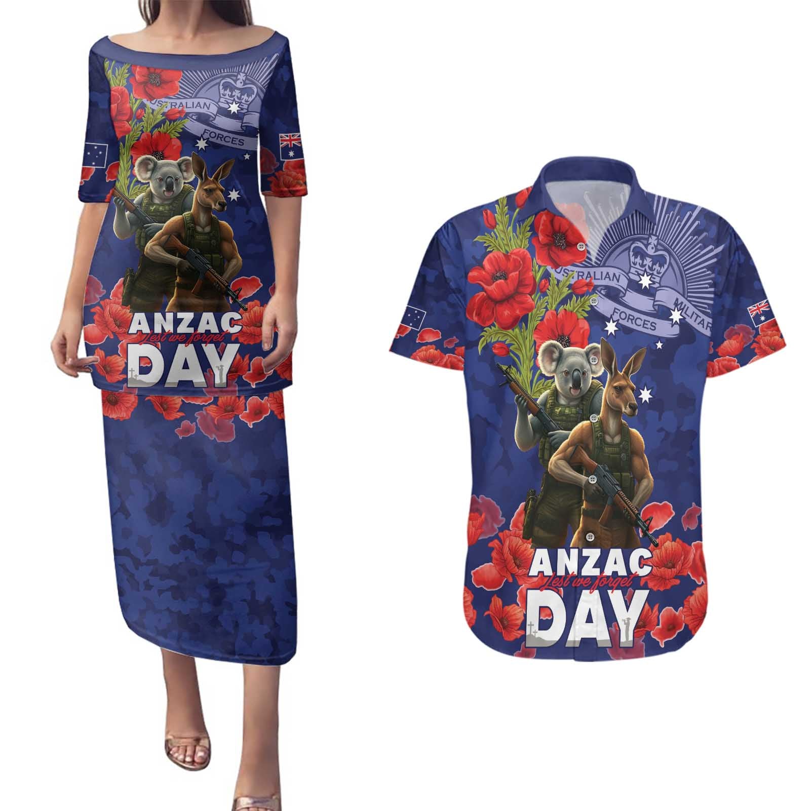 Kangaoo Koala Soldier ANZAC Personalised Couples Matching Puletasi and Hawaiian Shirt Aboriginal Dot Painting