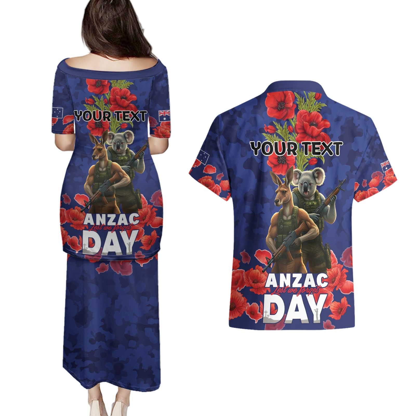 Kangaoo Koala Soldier ANZAC Personalised Couples Matching Puletasi and Hawaiian Shirt Aboriginal Dot Painting