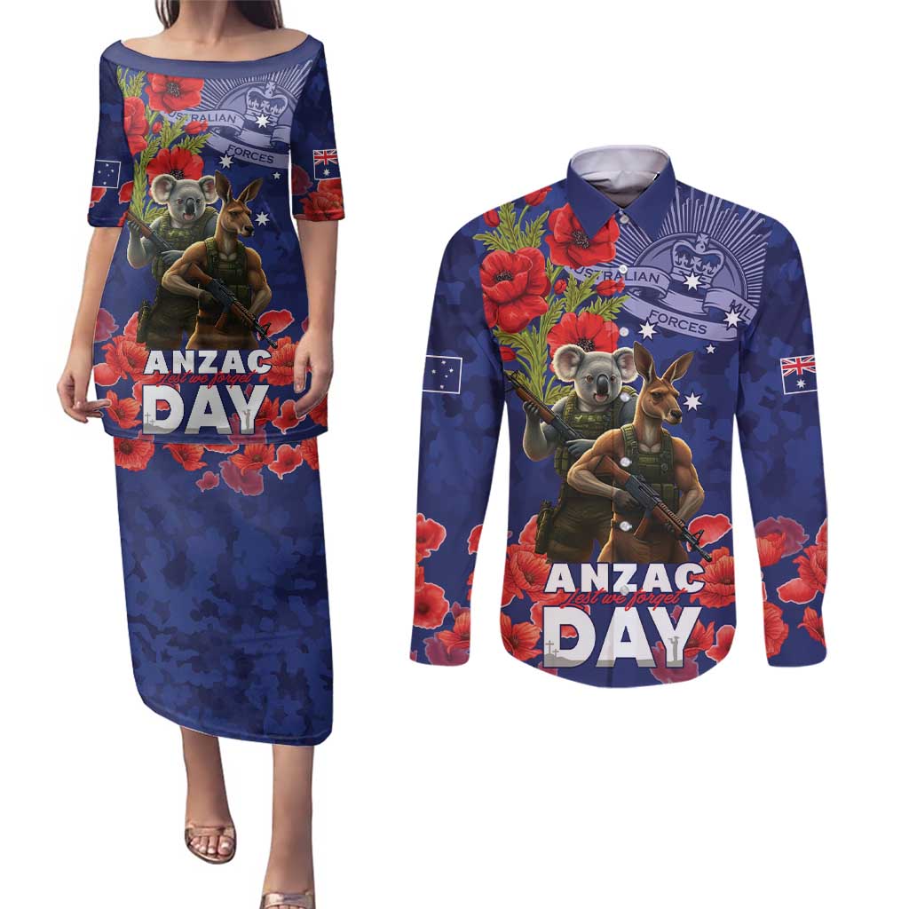 Kangaoo Koala Soldier ANZAC Personalised Couples Matching Puletasi and Long Sleeve Button Shirt Aboriginal Dot Painting