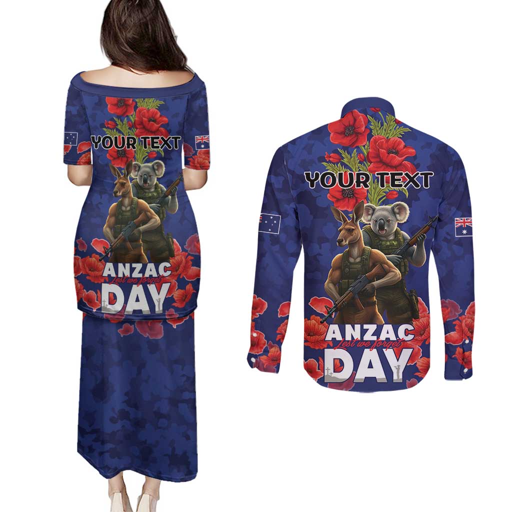 Kangaoo Koala Soldier ANZAC Personalised Couples Matching Puletasi and Long Sleeve Button Shirt Aboriginal Dot Painting