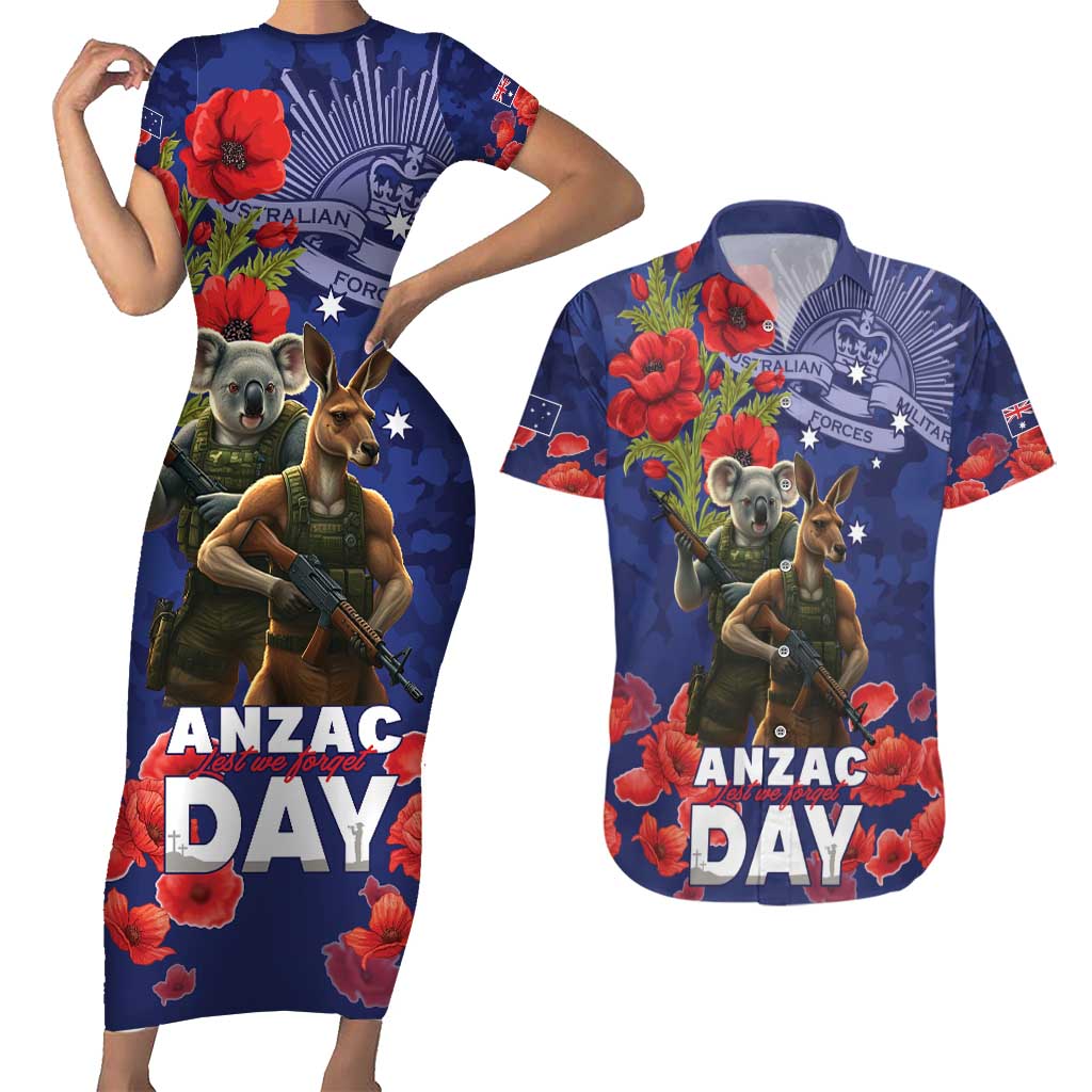 Kangaoo Koala Soldier ANZAC Personalised Couples Matching Short Sleeve Bodycon Dress and Hawaiian Shirt Aboriginal Dot Painting