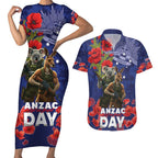 Kangaoo Koala Soldier ANZAC Personalised Couples Matching Short Sleeve Bodycon Dress and Hawaiian Shirt Aboriginal Dot Painting