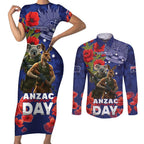 Kangaoo Koala Soldier ANZAC Personalised Couples Matching Short Sleeve Bodycon Dress and Long Sleeve Button Shirt Aboriginal Dot Painting