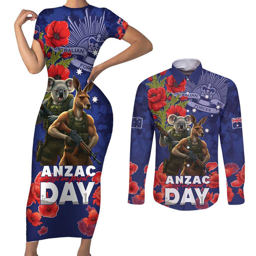 Kangaoo Koala Soldier ANZAC Personalised Couples Matching Short Sleeve Bodycon Dress and Long Sleeve Button Shirt Aboriginal Dot Painting