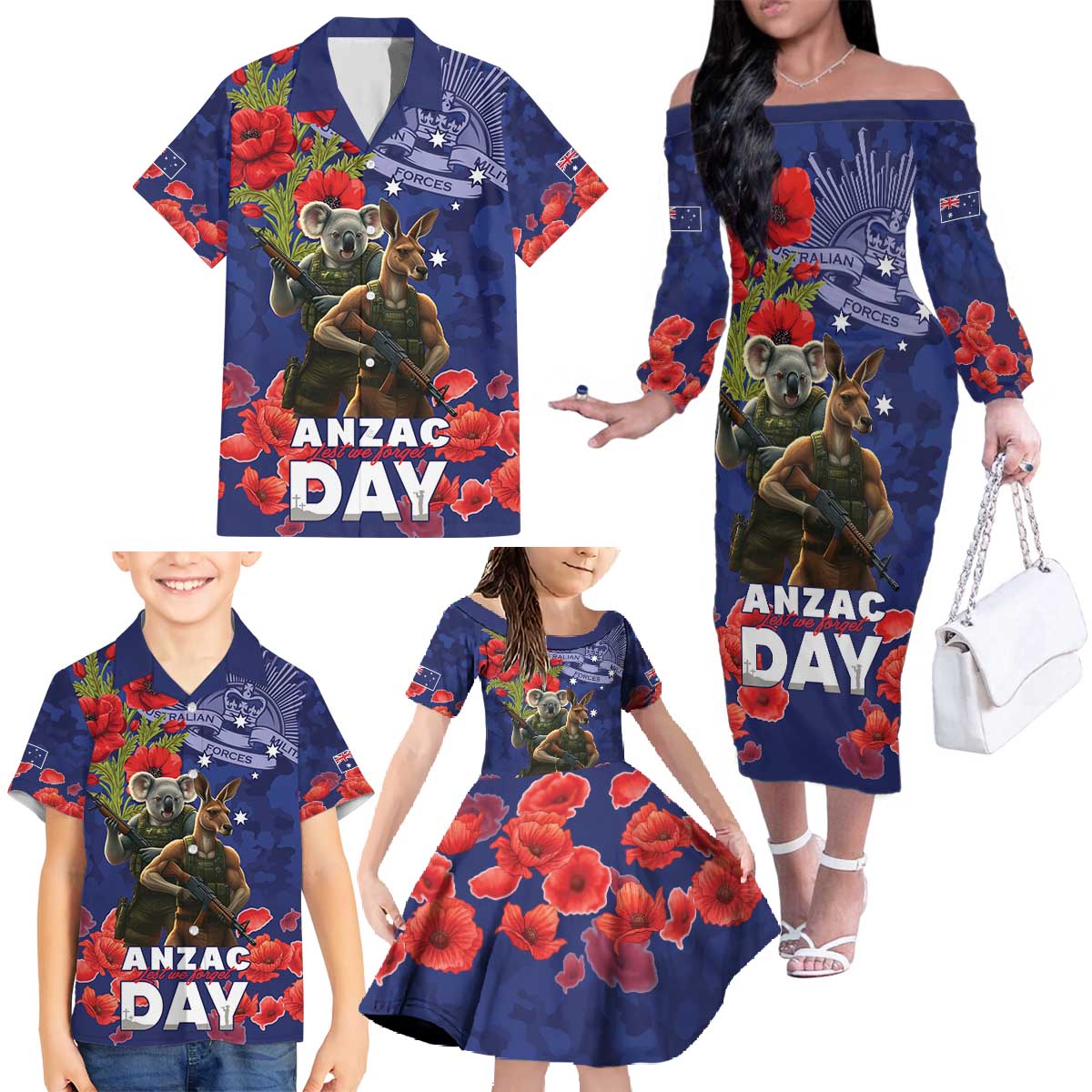 Kangaoo Koala Soldier ANZAC Personalised Family Matching Off The Shoulder Long Sleeve Dress and Hawaiian Shirt Aboriginal Dot Painting