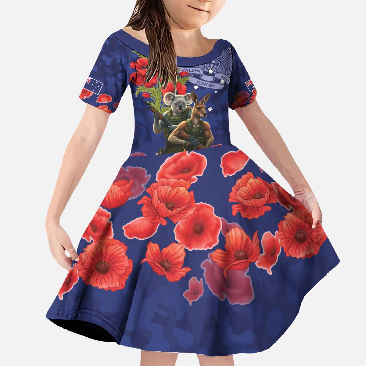 Kangaoo Koala Soldier ANZAC Personalised Family Matching Off The Shoulder Long Sleeve Dress and Hawaiian Shirt Aboriginal Dot Painting