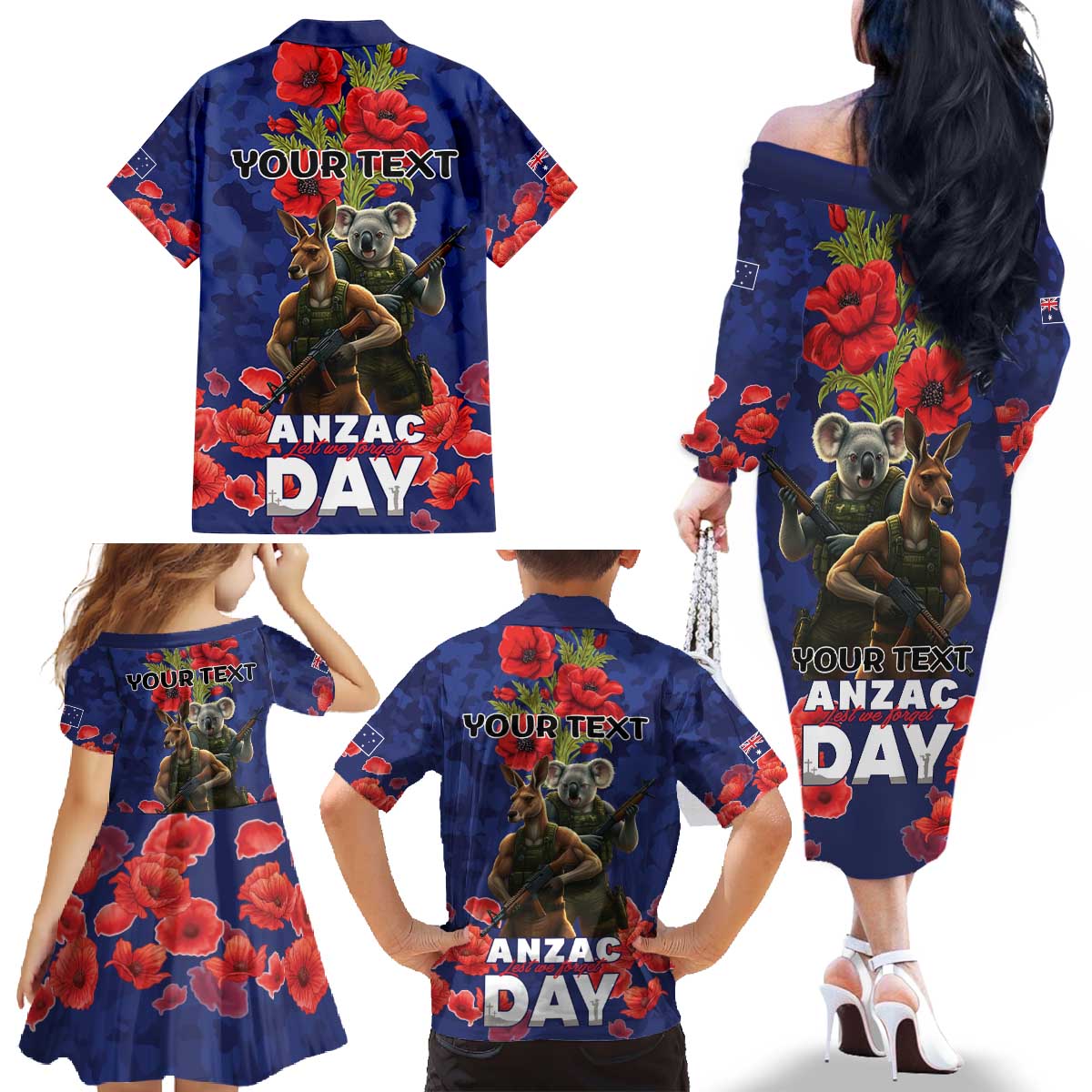 Kangaoo Koala Soldier ANZAC Personalised Family Matching Off The Shoulder Long Sleeve Dress and Hawaiian Shirt Aboriginal Dot Painting