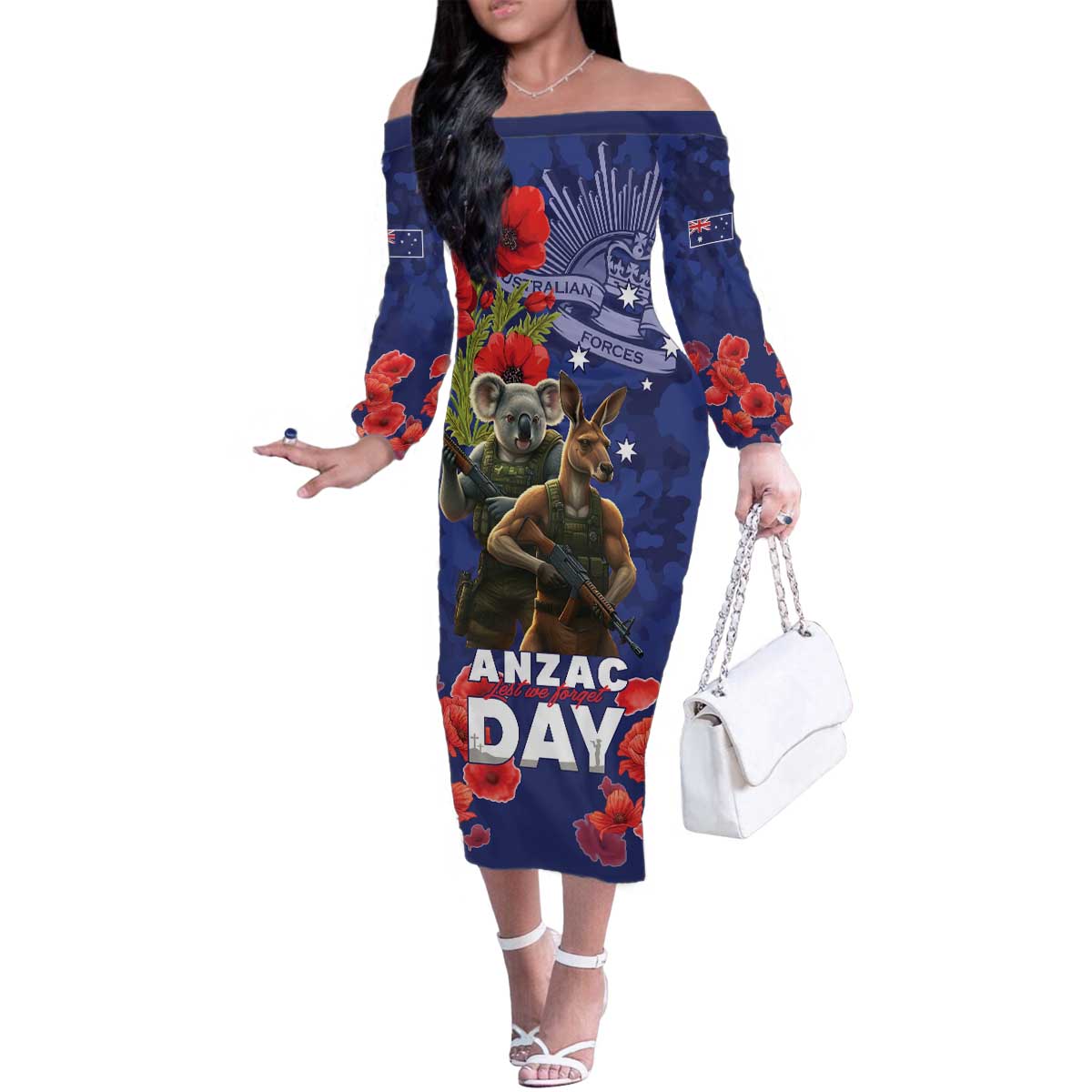 Kangaoo Koala Soldier ANZAC Personalised Family Matching Off The Shoulder Long Sleeve Dress and Hawaiian Shirt Aboriginal Dot Painting