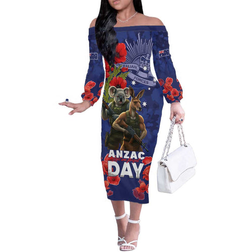 Kangaoo Koala Soldier ANZAC Personalised Family Matching Off The Shoulder Long Sleeve Dress and Hawaiian Shirt Aboriginal Dot Painting