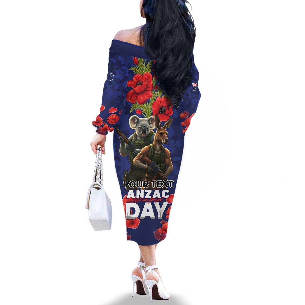 Kangaoo Koala Soldier ANZAC Personalised Family Matching Off The Shoulder Long Sleeve Dress and Hawaiian Shirt Aboriginal Dot Painting