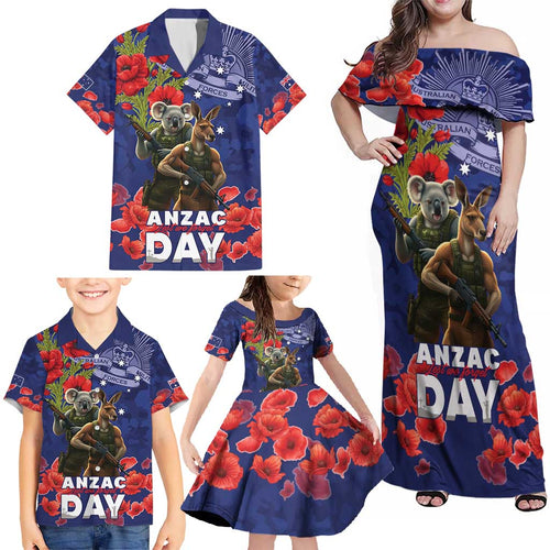 Kangaoo Koala Soldier ANZAC Personalised Family Matching Off Shoulder Maxi Dress and Hawaiian Shirt Aboriginal Dot Painting