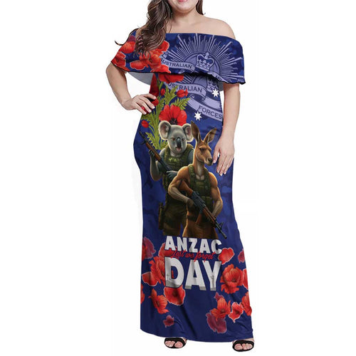 Kangaoo Koala Soldier ANZAC Personalised Family Matching Off Shoulder Maxi Dress and Hawaiian Shirt Aboriginal Dot Painting