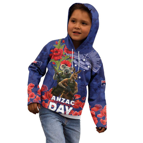 Kangaoo Koala Soldier ANZAC Personalised Kid Hoodie Aboriginal Dot Painting