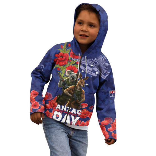 Kangaoo Koala Soldier ANZAC Personalised Kid Hoodie Aboriginal Dot Painting