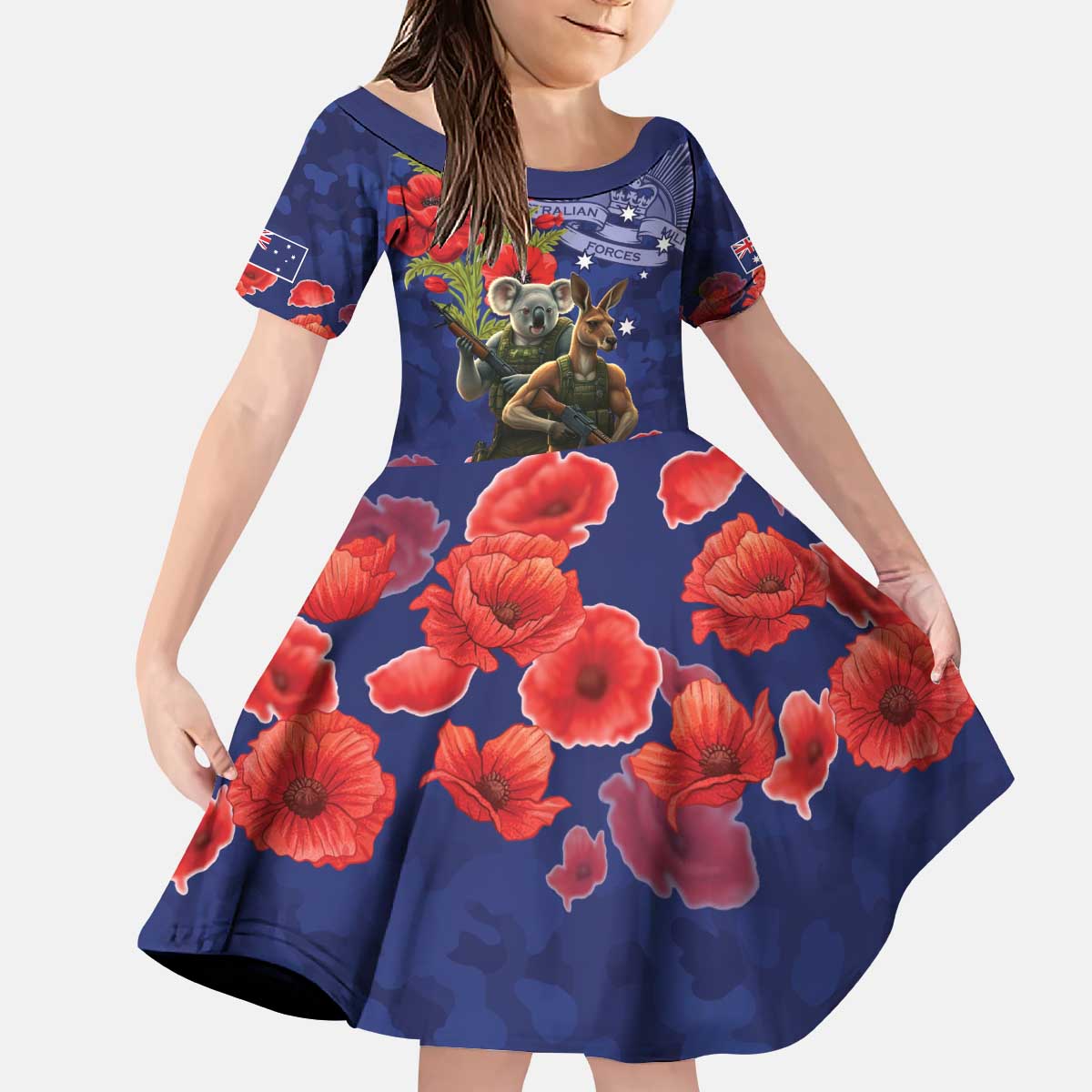 Kangaoo Koala Soldier ANZAC Personalised Kid Short Sleeve Dress Aboriginal Dot Painting