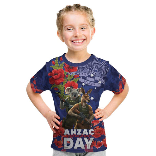 Kangaoo Koala Soldier ANZAC Personalised Kid T Shirt Aboriginal Dot Painting
