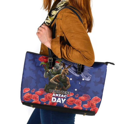 Kangaoo Koala Soldier ANZAC Personalised Leather Tote Bag Aboriginal Dot Painting