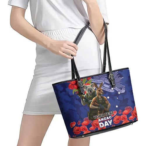 Kangaoo Koala Soldier ANZAC Personalised Leather Tote Bag Aboriginal Dot Painting
