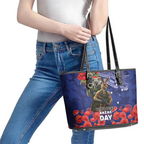 Kangaoo Koala Soldier ANZAC Personalised Leather Tote Bag Aboriginal Dot Painting