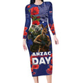 Kangaoo Koala Soldier ANZAC Personalised Long Sleeve Bodycon Dress Aboriginal Dot Painting