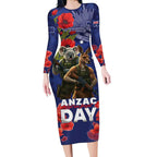 Kangaoo Koala Soldier ANZAC Personalised Long Sleeve Bodycon Dress Aboriginal Dot Painting