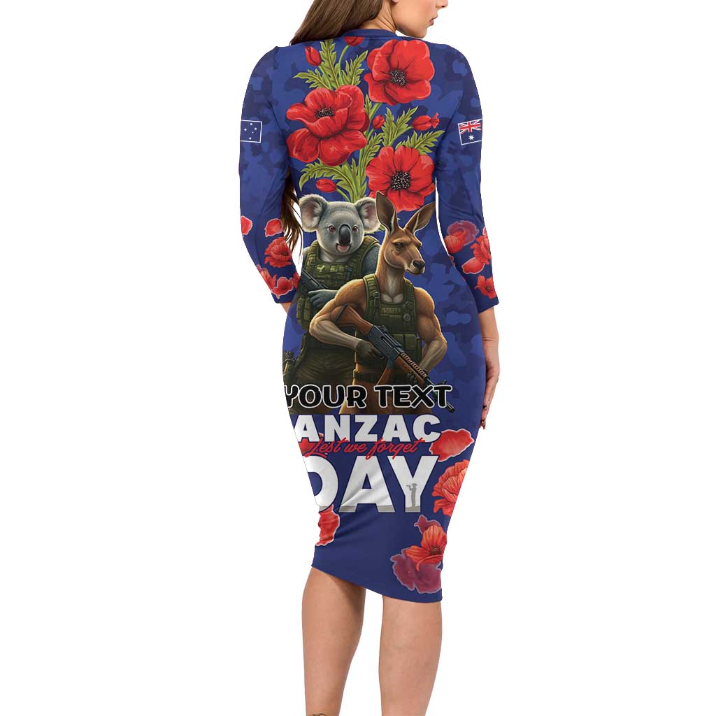 Kangaoo Koala Soldier ANZAC Personalised Long Sleeve Bodycon Dress Aboriginal Dot Painting