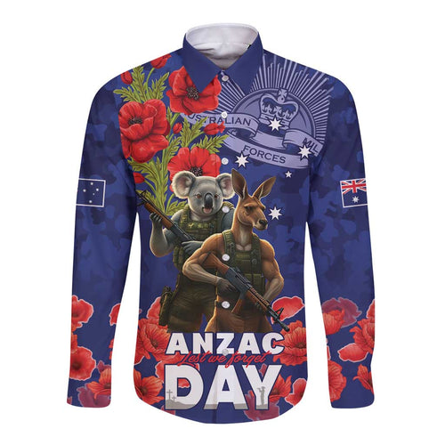 Kangaoo Koala Soldier ANZAC Personalised Long Sleeve Button Shirt Aboriginal Dot Painting